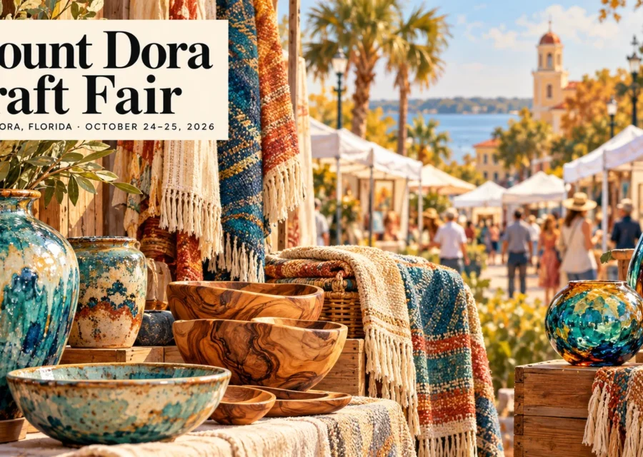 AI-generated craft-fair illustration with ceramics, woven textiles and wood bowls beneath an upper-left Mount Dora Craft Fair title.