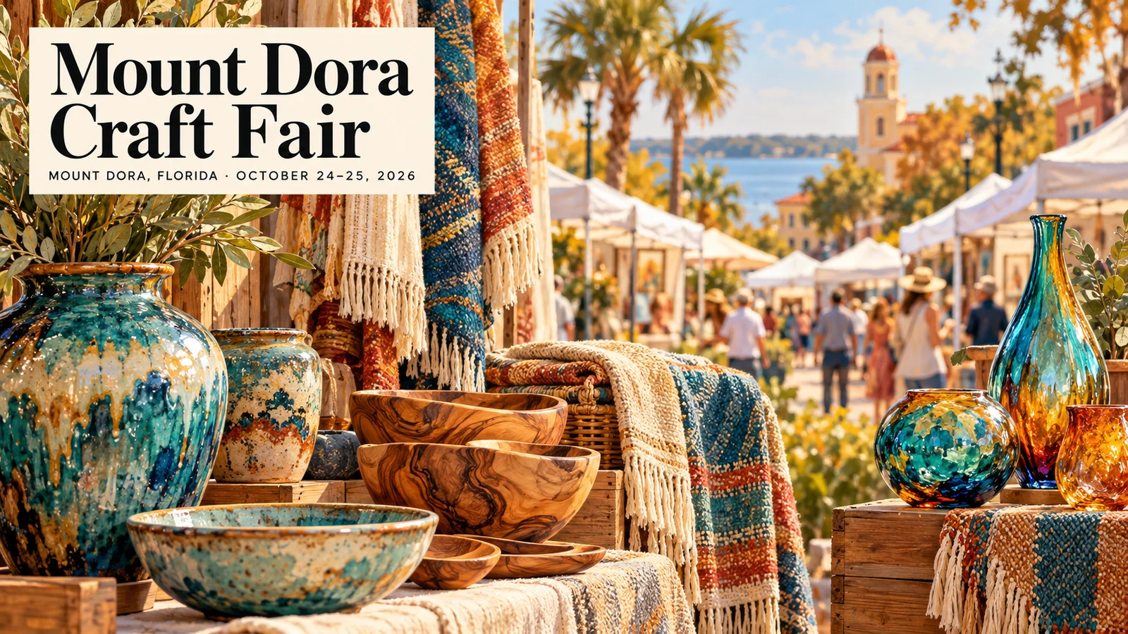 AI-generated craft-fair illustration with ceramics, woven textiles and wood bowls beneath an upper-left Mount Dora Craft Fair title.