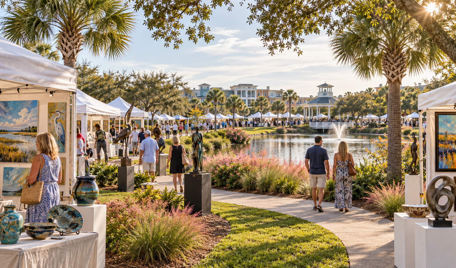 Conceptual Myrtle Beach Valor Park art show with paintings, pottery and artist tents
