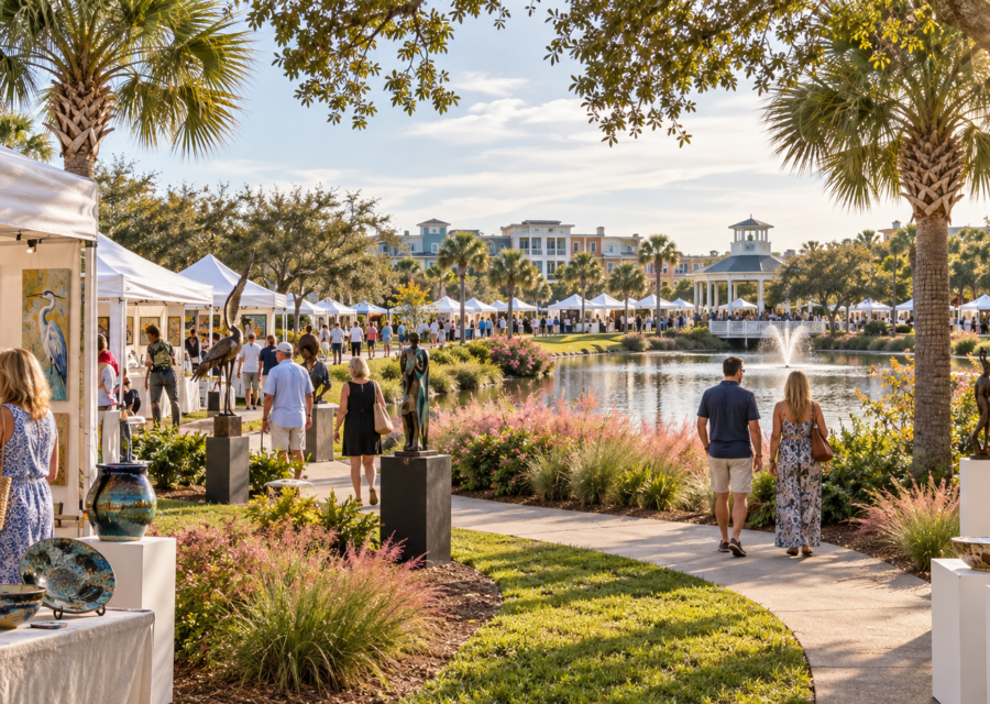 Conceptual Myrtle Beach Valor Park art show with paintings, pottery and artist tents