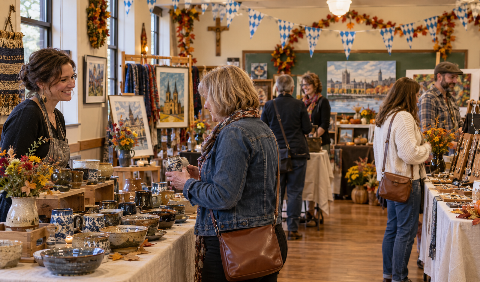 Conceptual indoor Milwaukee artisan fair with handmade pottery, fiber art and jewelry.