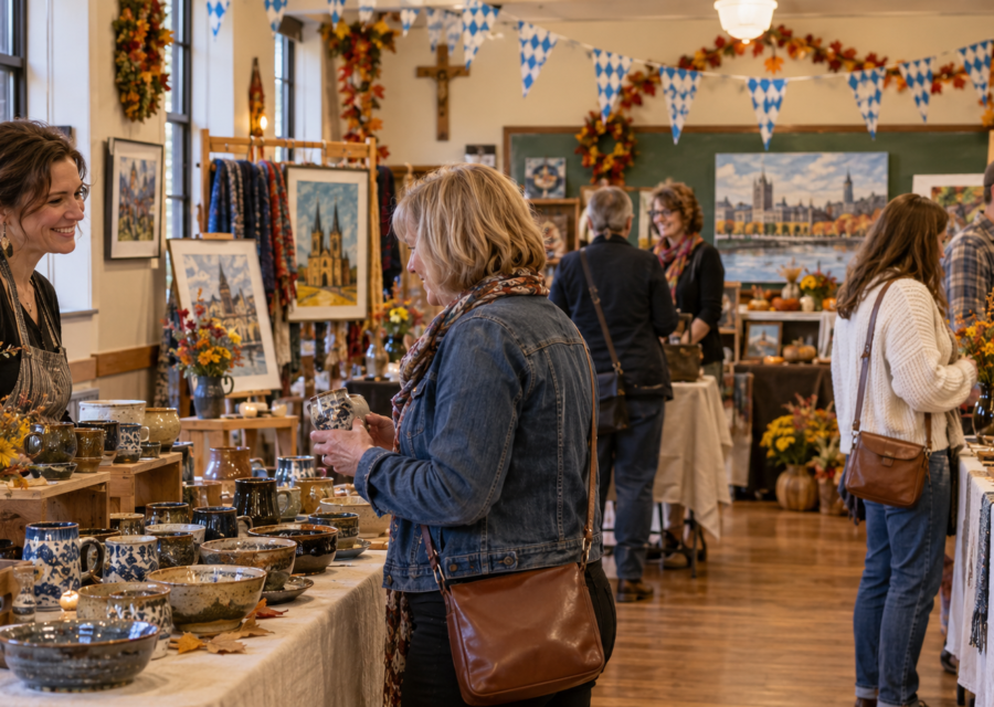 Conceptual indoor Milwaukee artisan fair with handmade pottery, fiber art and jewelry.