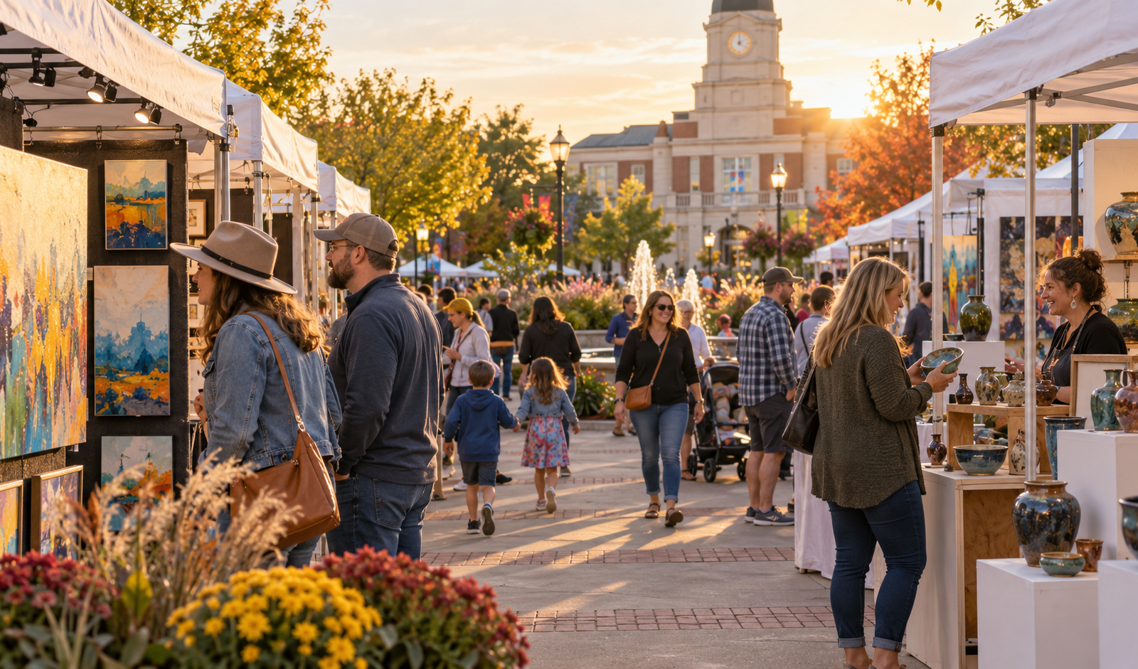 Conceptual downtown Olathe fine art fair with visitors examining paintings and ceramics at outdoor booths.