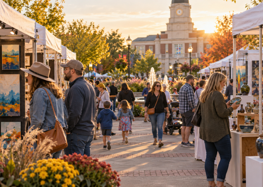 Conceptual downtown Olathe fine art fair with visitors examining paintings and ceramics at outdoor booths.
