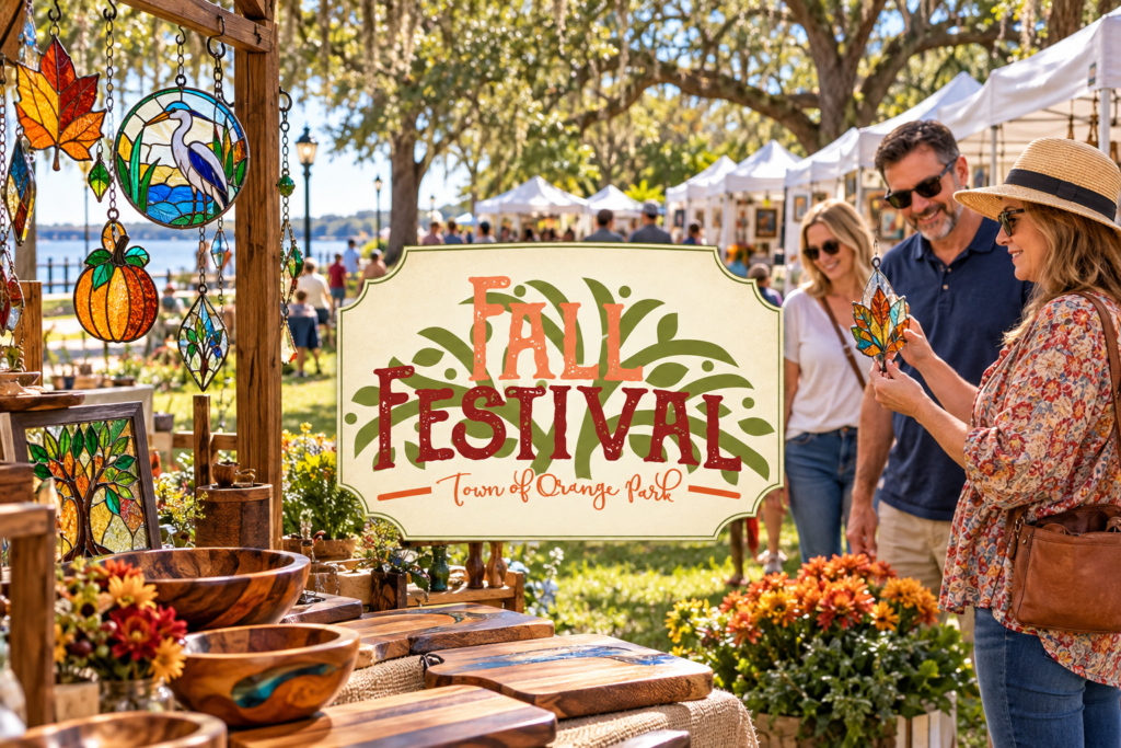 Created Florida artisan-market scene with stained glass, woodcraft and the official Town of Orange Park Fall Festival logo.