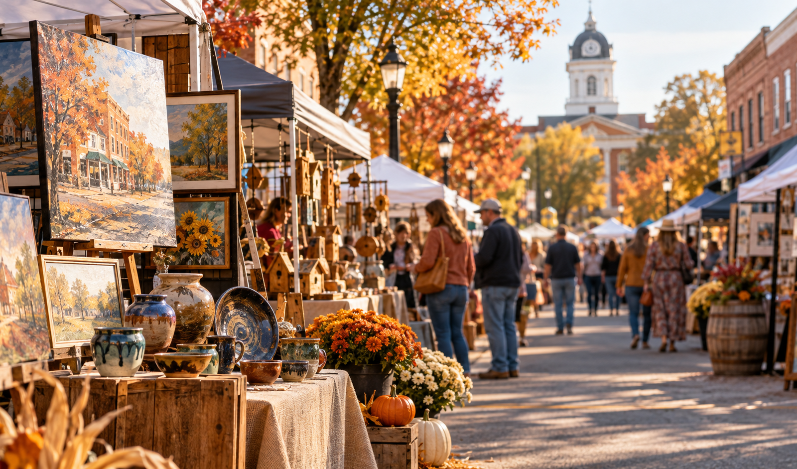 Conceptual Georgia Main Street fall art festival with handmade paintings, pottery and crafts.
