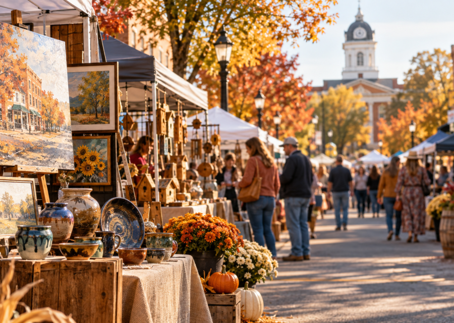 Conceptual Georgia Main Street fall art festival with handmade paintings, pottery and crafts.