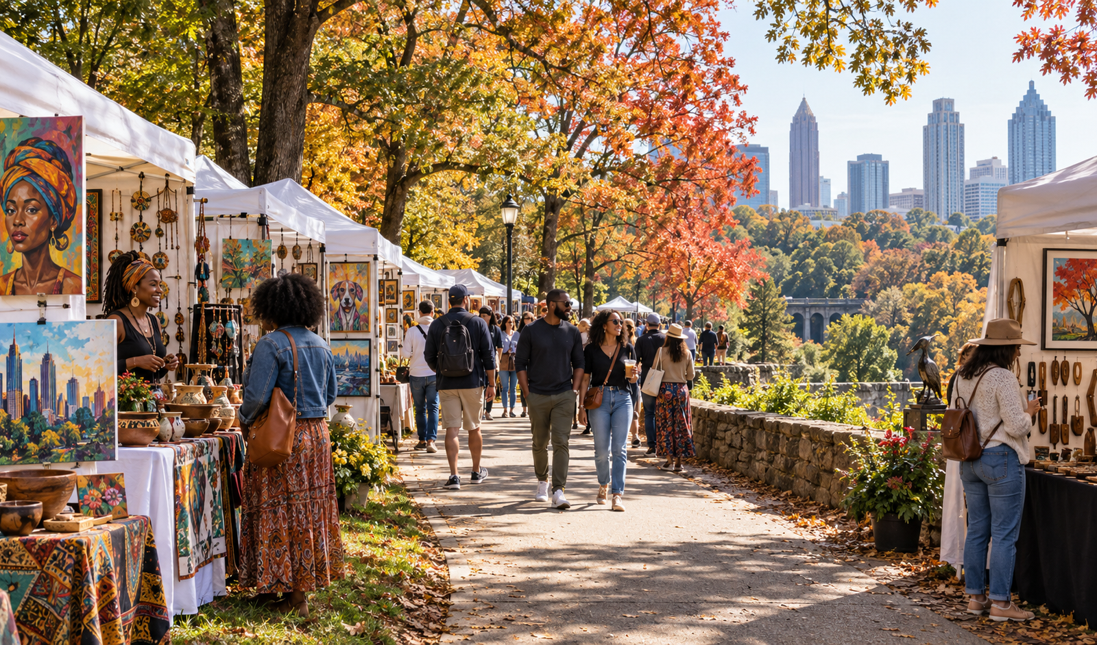 Conceptual Atlanta park arts festival with fine art booths and mature autumn trees