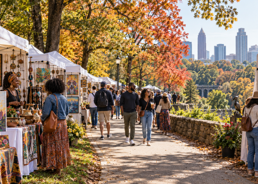 Conceptual Atlanta park arts festival with fine art booths and mature autumn trees