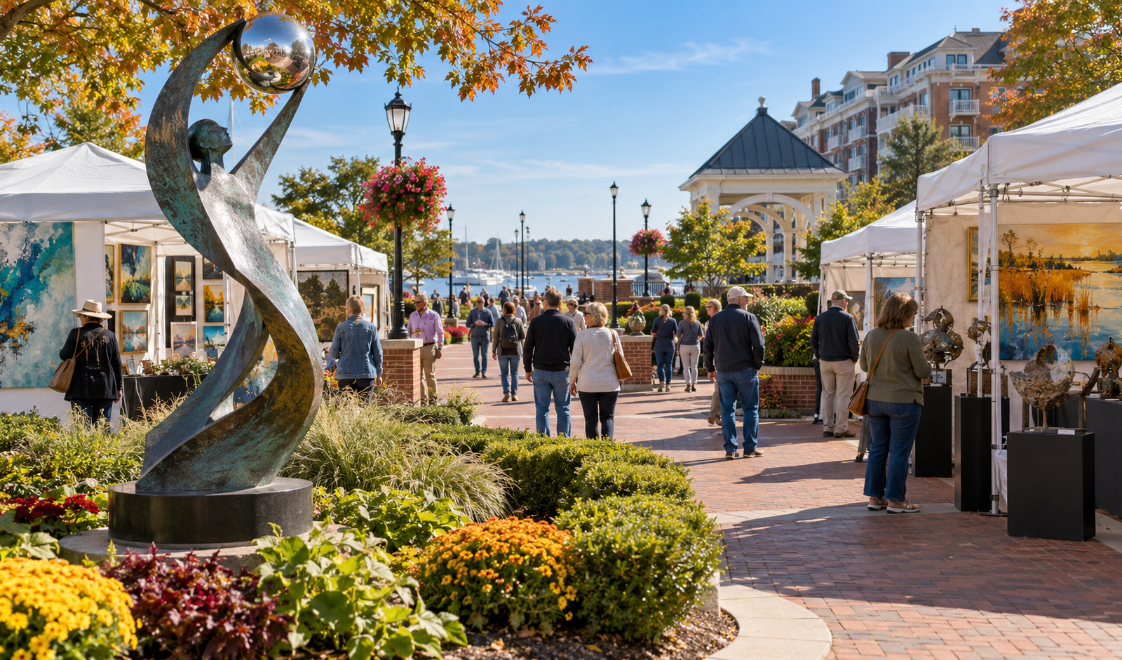 Conceptual outdoor art and sculpture festival with booths around a Virginia town square
