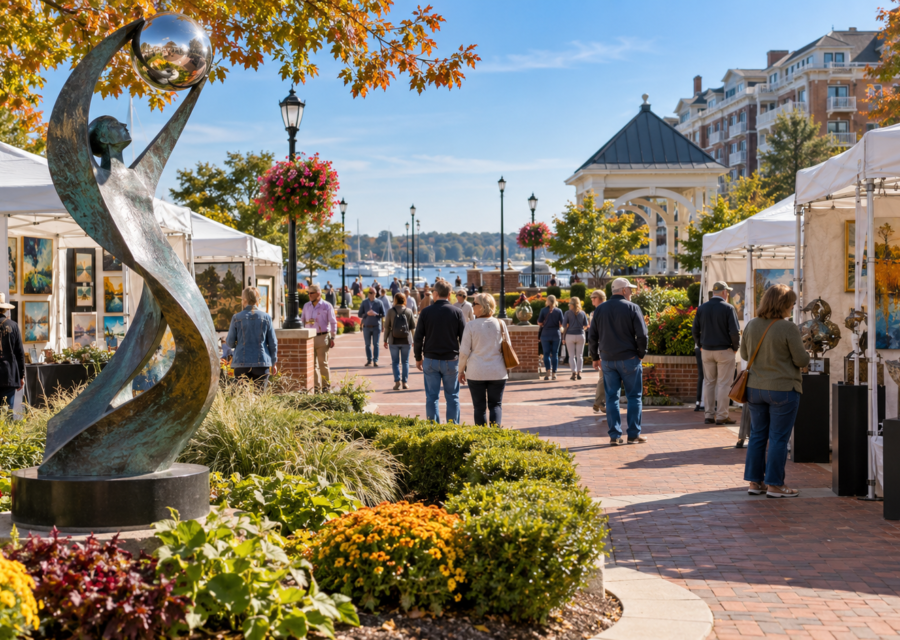 Conceptual outdoor art and sculpture festival with booths around a Virginia town square