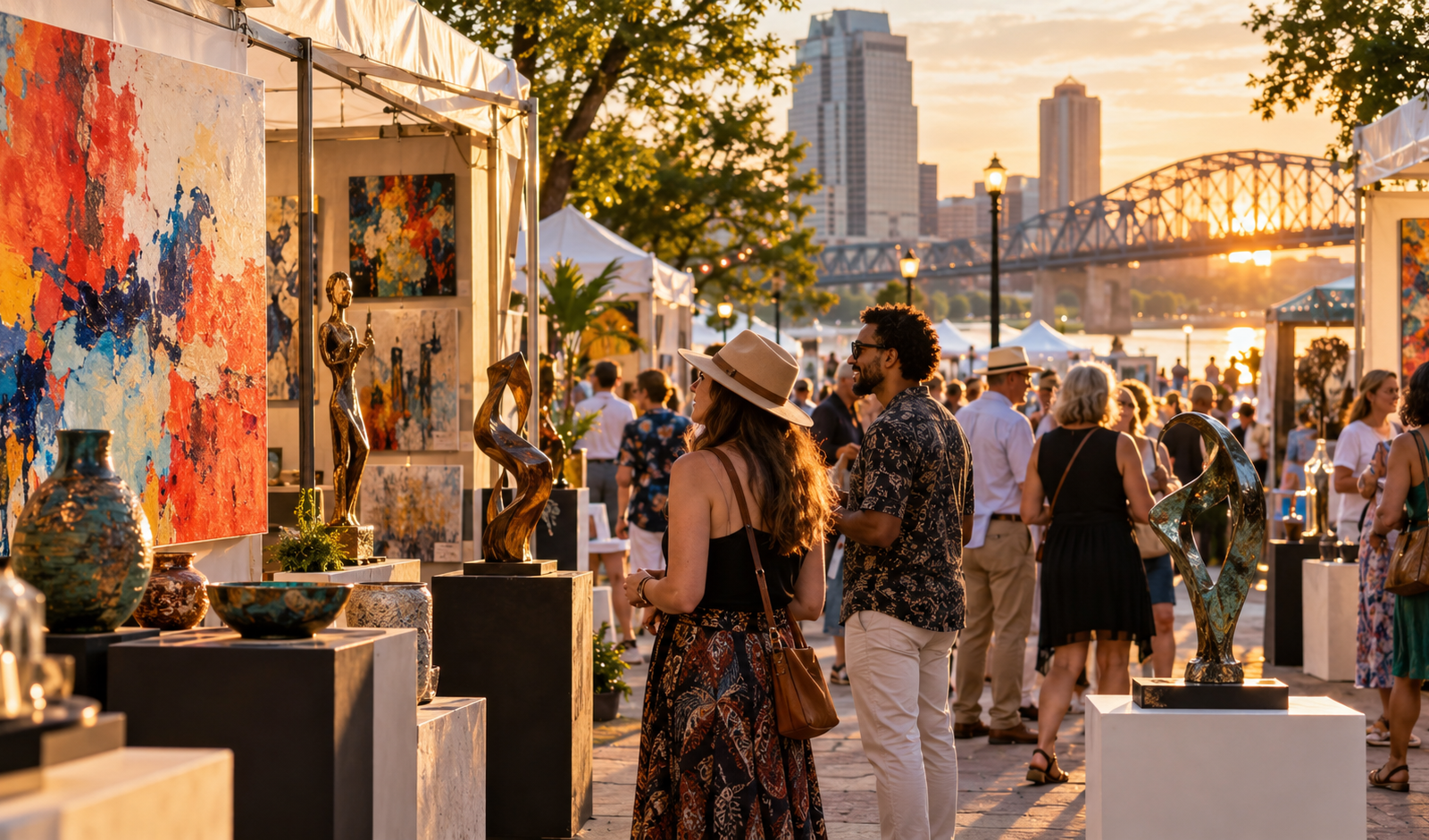 Conceptual Shreveport outdoor arts festival with paintings, ceramics and visitors in a city plaza at sunset