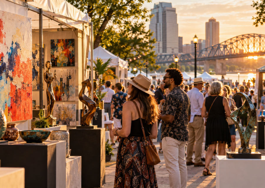Conceptual Shreveport outdoor arts festival with paintings, ceramics and visitors in a city plaza at sunset
