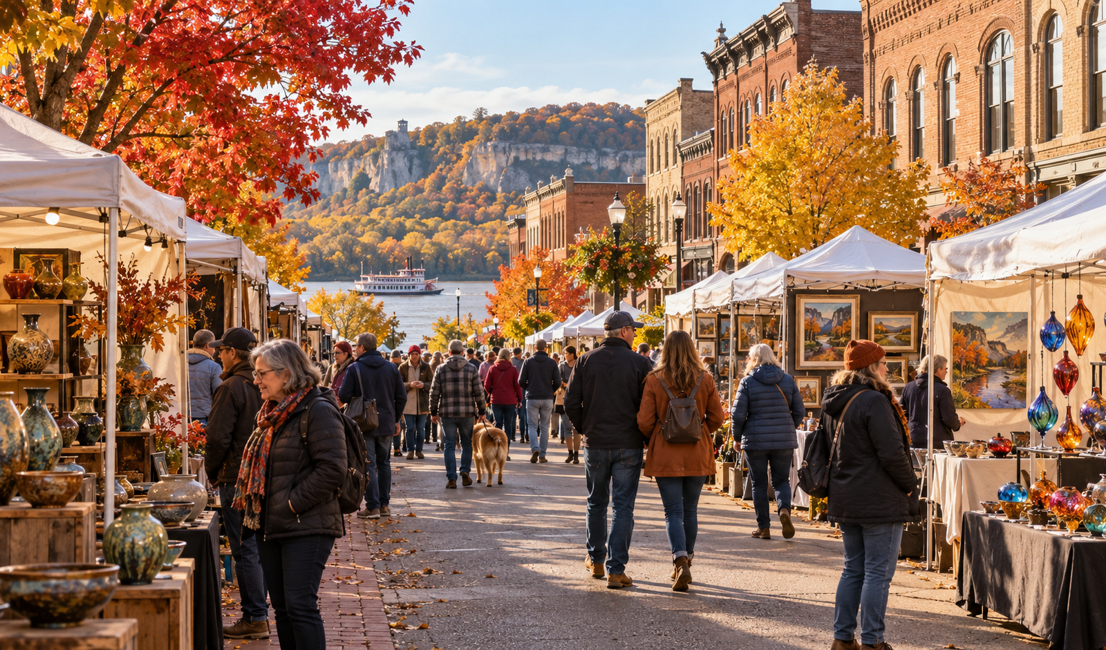 Conceptual downtown Red Wing art festival with artist booths and autumn trees