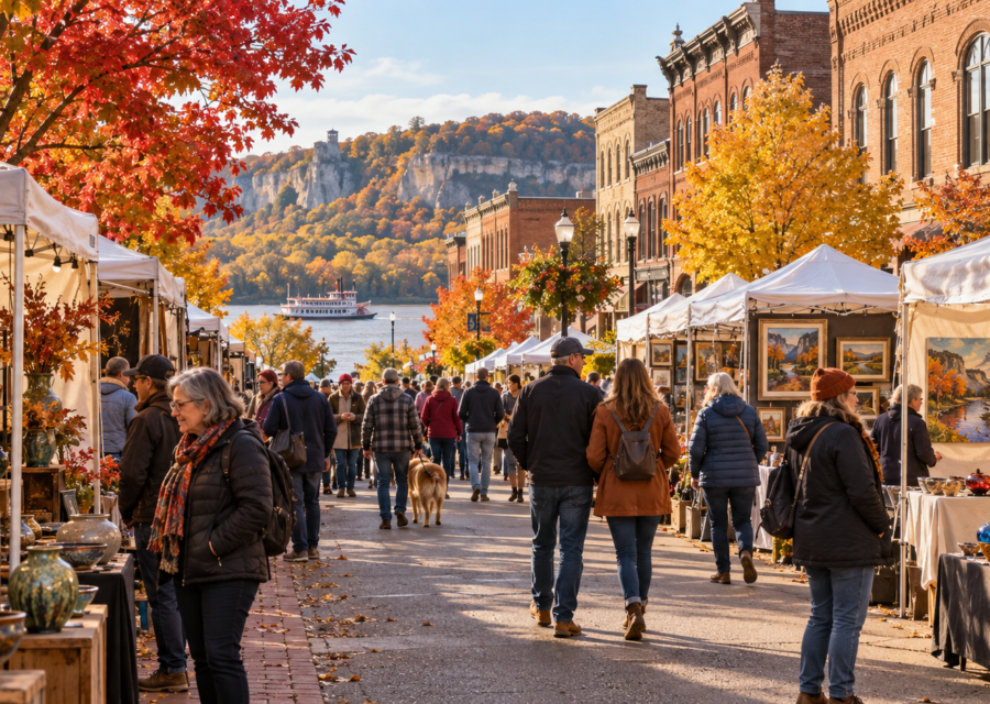Conceptual downtown Red Wing art festival with artist booths and autumn trees