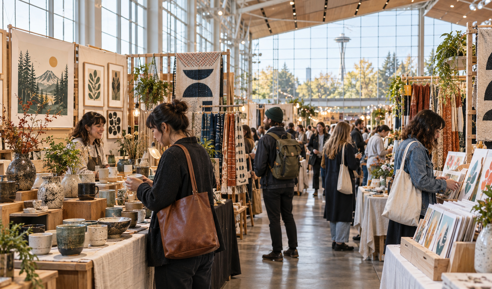 Conceptual indoor Seattle craft fair with curated ceramics, prints and textiles at artist booths
