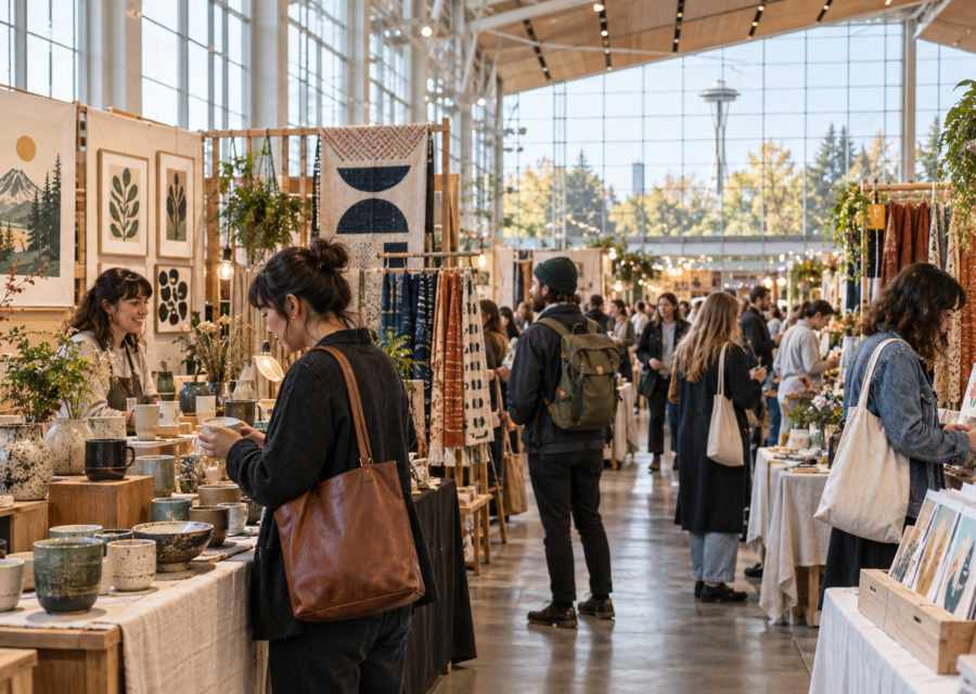 Conceptual indoor Seattle craft fair with curated ceramics, prints and textiles at artist booths