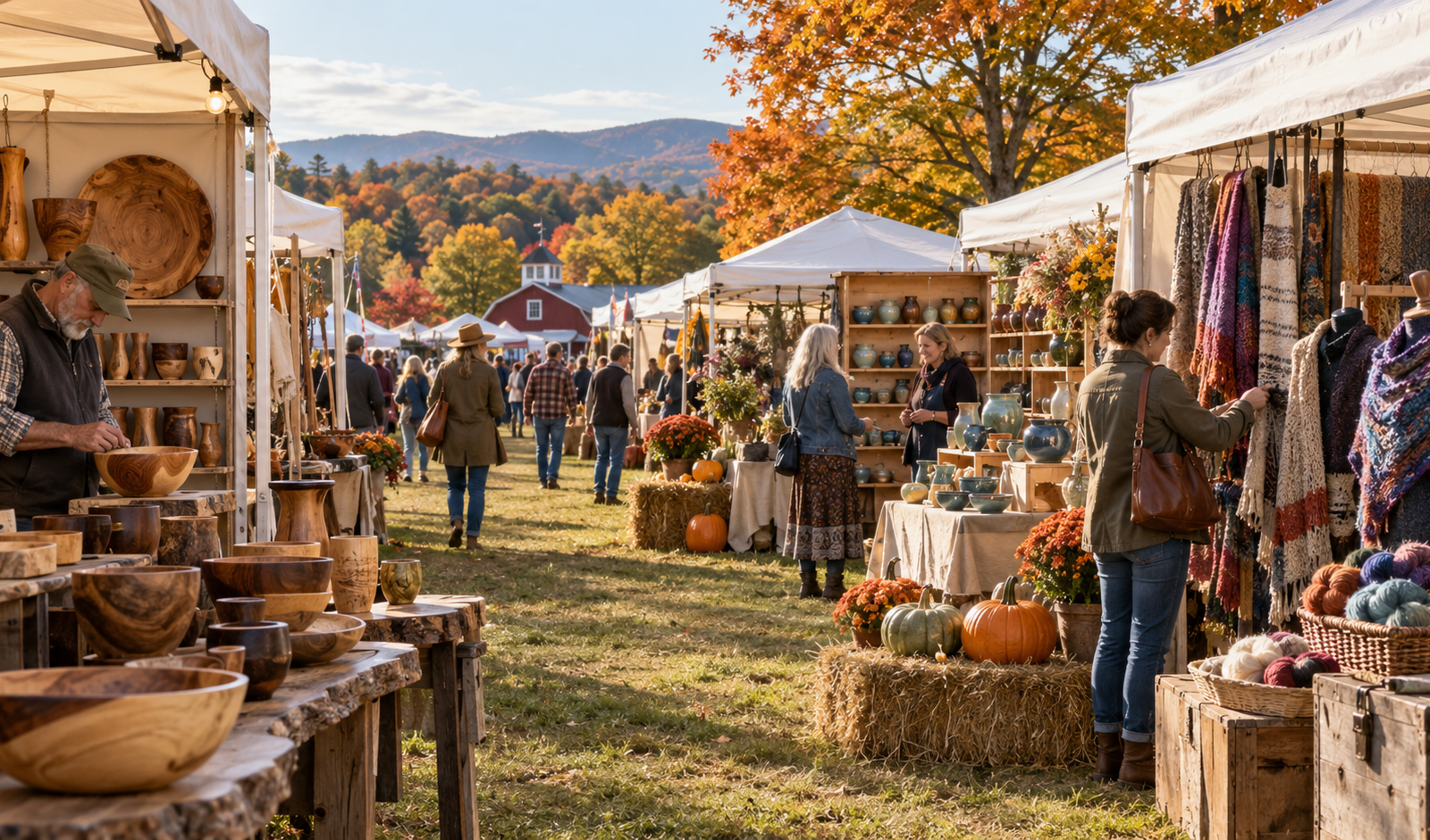 Conceptual Rhinebeck fairgrounds juried craft show with handmade art and autumn pumpkins