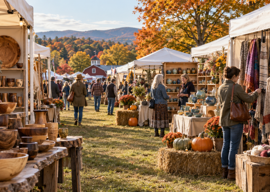 Conceptual Rhinebeck fairgrounds juried craft show with handmade art and autumn pumpkins