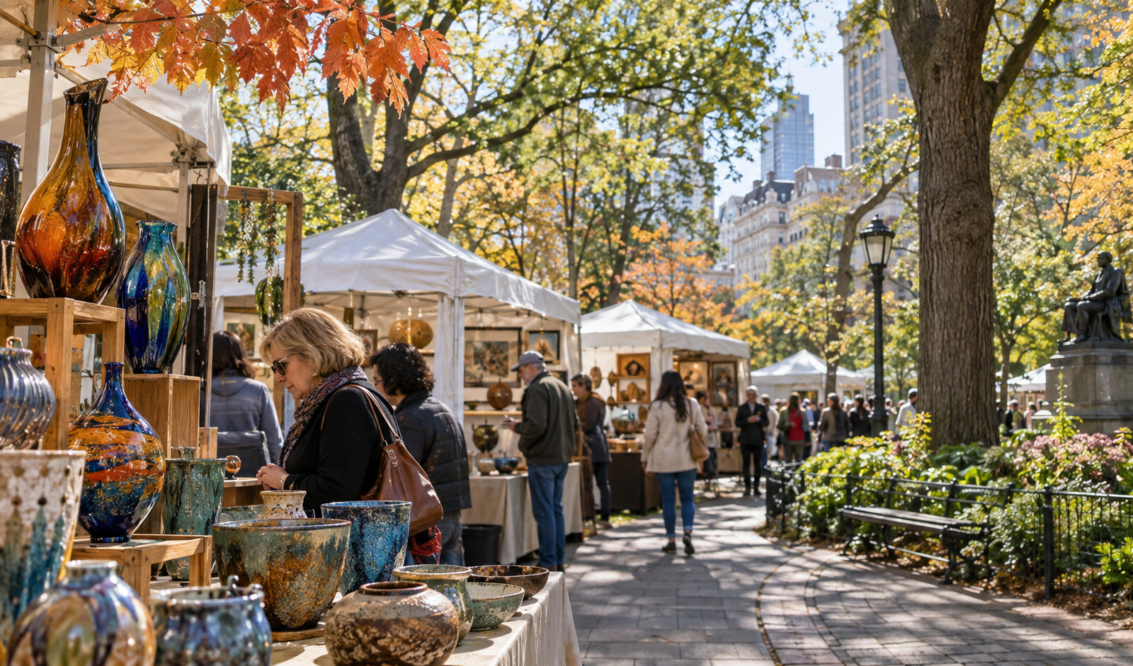 Conceptual view of visitors exploring handmade glass and ceramics at an outdoor fine craft show in Philadelphia’s Rittenhouse Square.