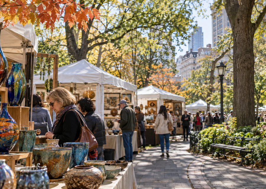 Conceptual view of visitors exploring handmade glass and ceramics at an outdoor fine craft show in Philadelphia’s Rittenhouse Square.