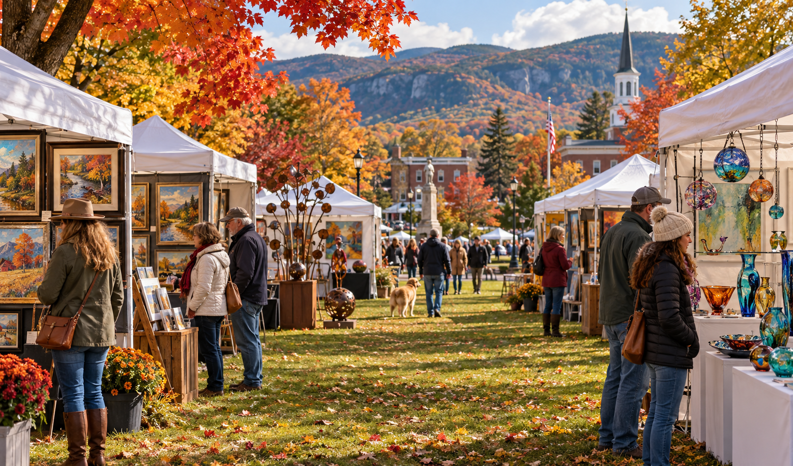 Conceptual Vermont park fine art show with artist tents and colorful autumn maple trees