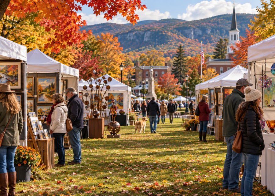 Conceptual Vermont park fine art show with artist tents and colorful autumn maple trees