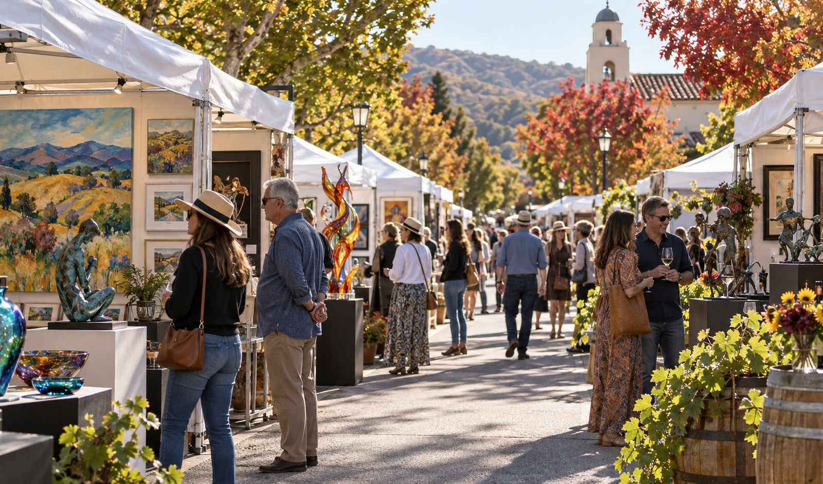 Conceptual San Carlos California downtown art fair with painting booths, glass art and fall trees