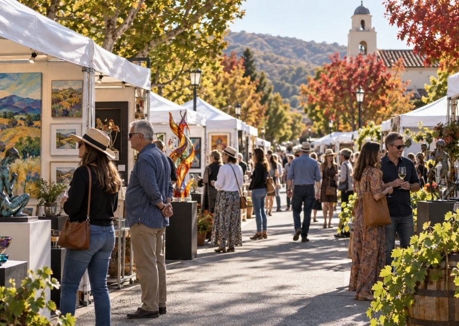 Conceptual San Carlos California downtown art fair with painting booths, glass art and fall trees