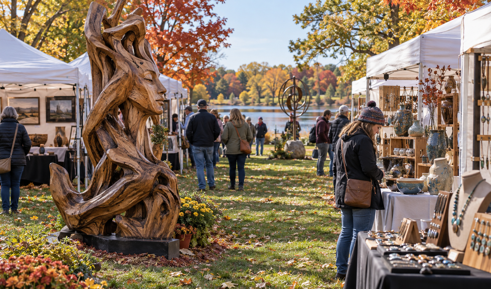 Conceptual Minnesota park art festival with wood sculpture, pottery and autumn trees