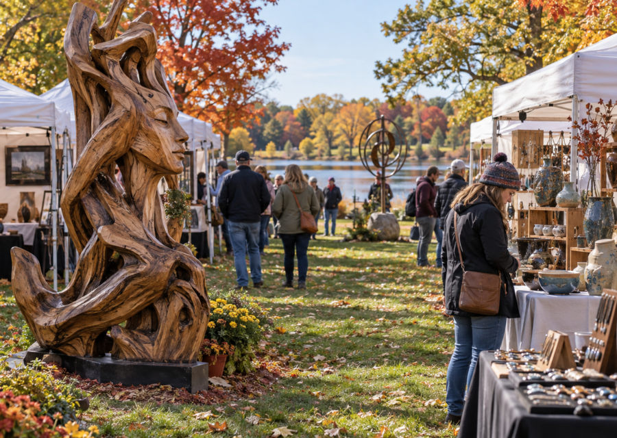 Conceptual Minnesota park art festival with wood sculpture, pottery and autumn trees