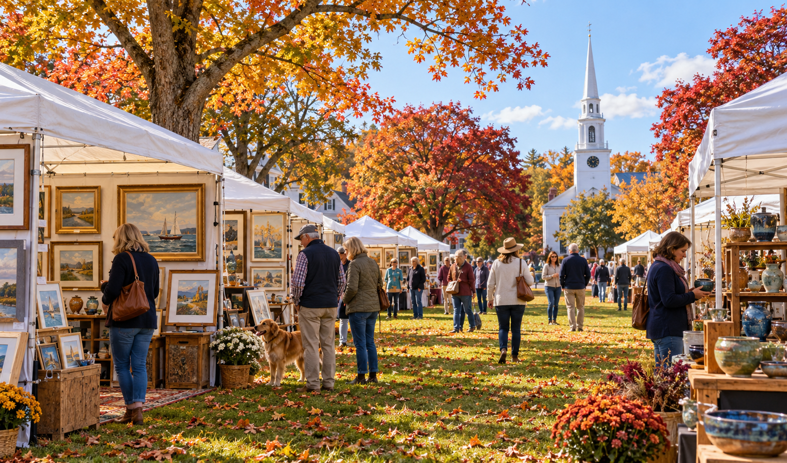 Conceptual Rhode Island village green art festival with fine art tents and New England fall foliage