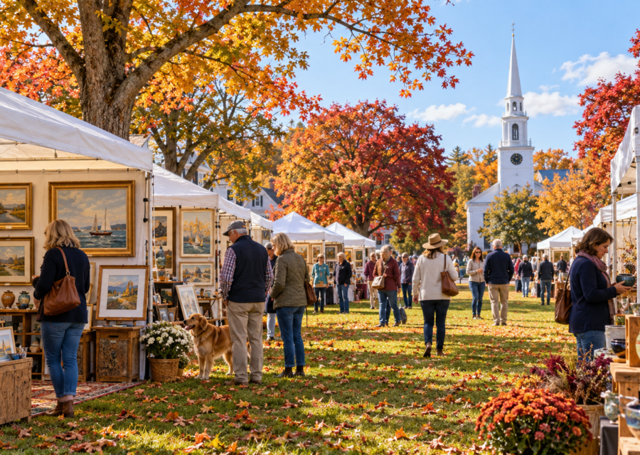 Conceptual Rhode Island village green art festival with fine art tents and New England fall foliage