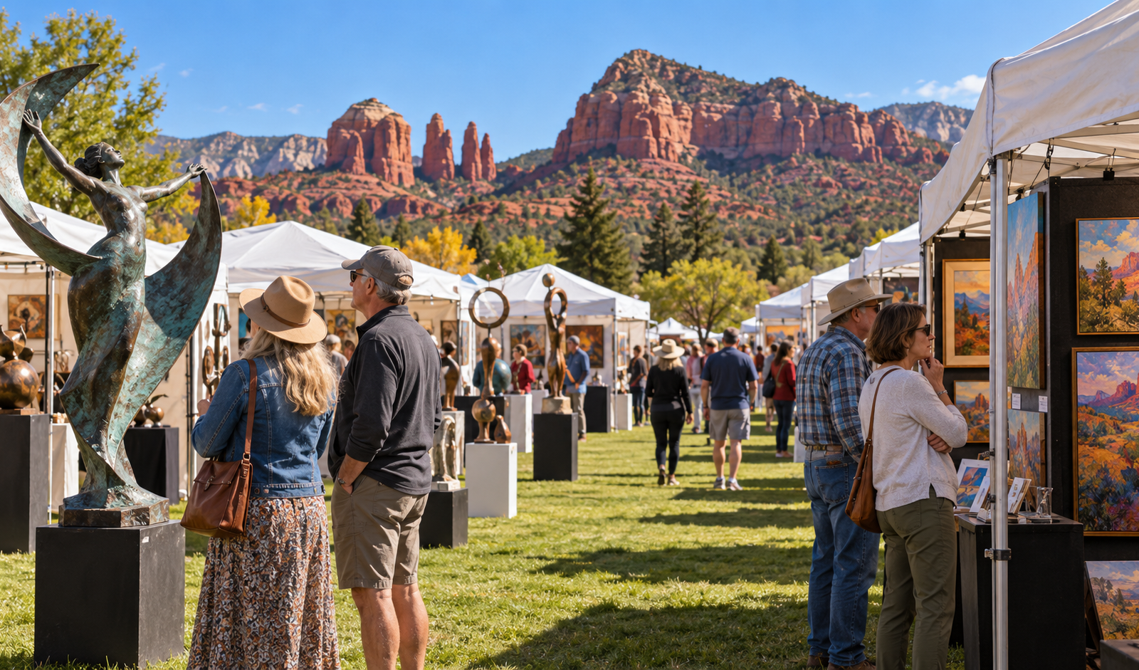 Conceptual art fair near Sedona red rocks, with visitors studying sculpture and paintings among outdoor booths.