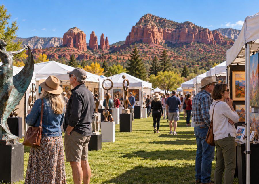 Conceptual art fair near Sedona red rocks, with visitors studying sculpture and paintings among outdoor booths.