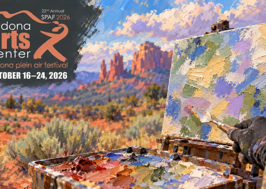 AI-generated plein-air painting concept with palette knife, easel and official Sedona Arts Center festival branding in the upper-left.