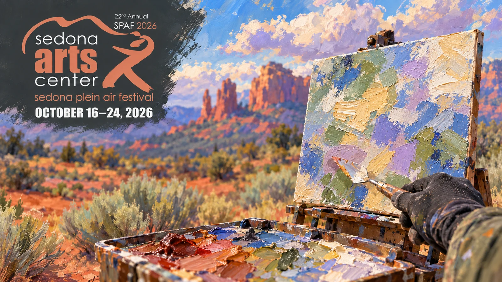 AI-generated plein-air painting concept with palette knife, easel and official Sedona Arts Center festival branding in the upper-left.