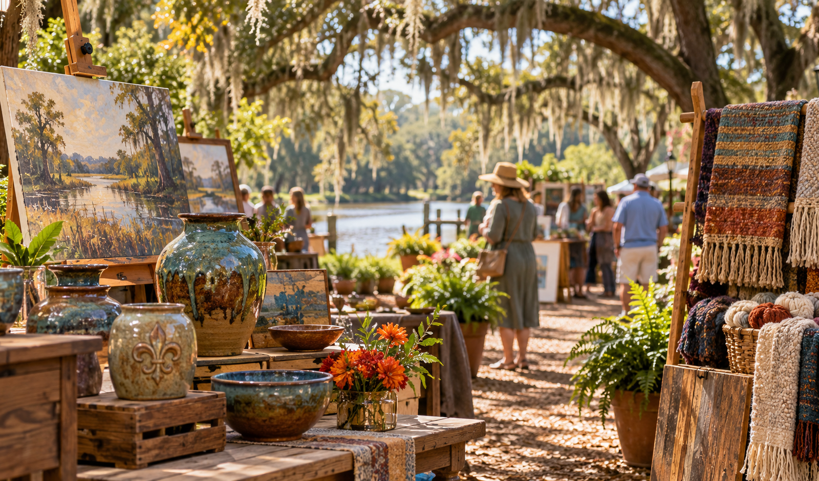 Conceptual arts and crafts market beneath live oaks in a Louisiana historic garden.