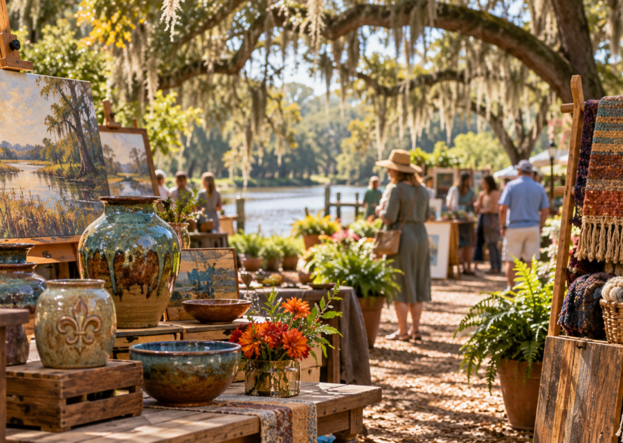 Conceptual arts and crafts market beneath live oaks in a Louisiana historic garden.