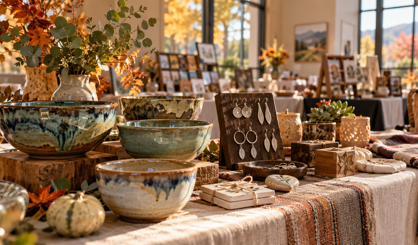 Conceptual photograph of handmade pottery, jewelry and gifts at an indoor Simi Valley craft fair.