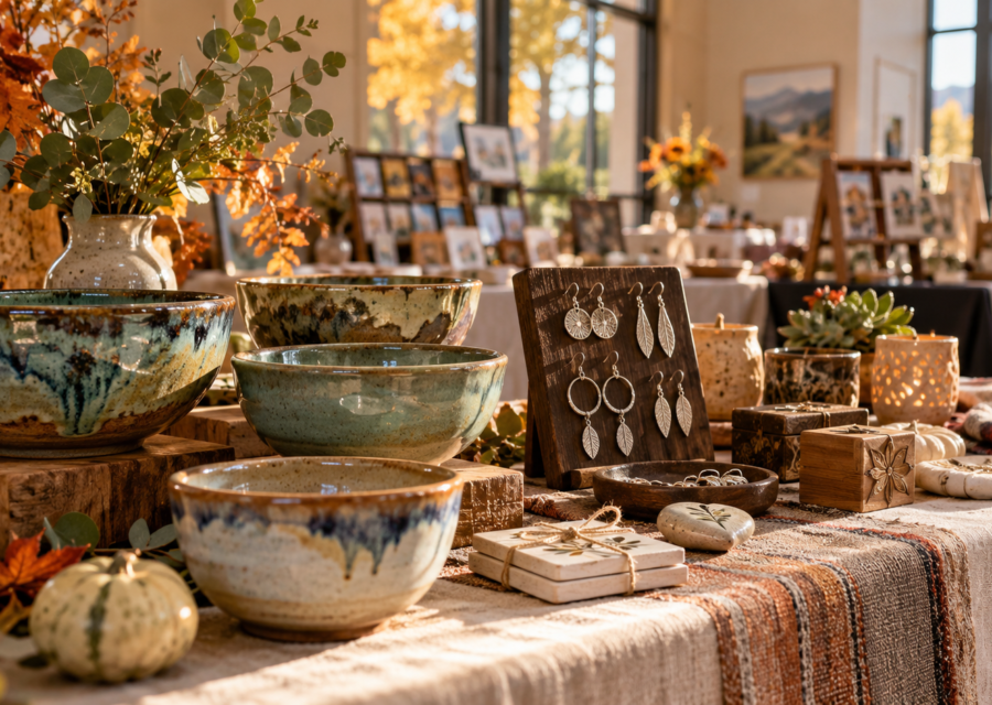 Conceptual photograph of handmade pottery, jewelry and gifts at an indoor Simi Valley craft fair.