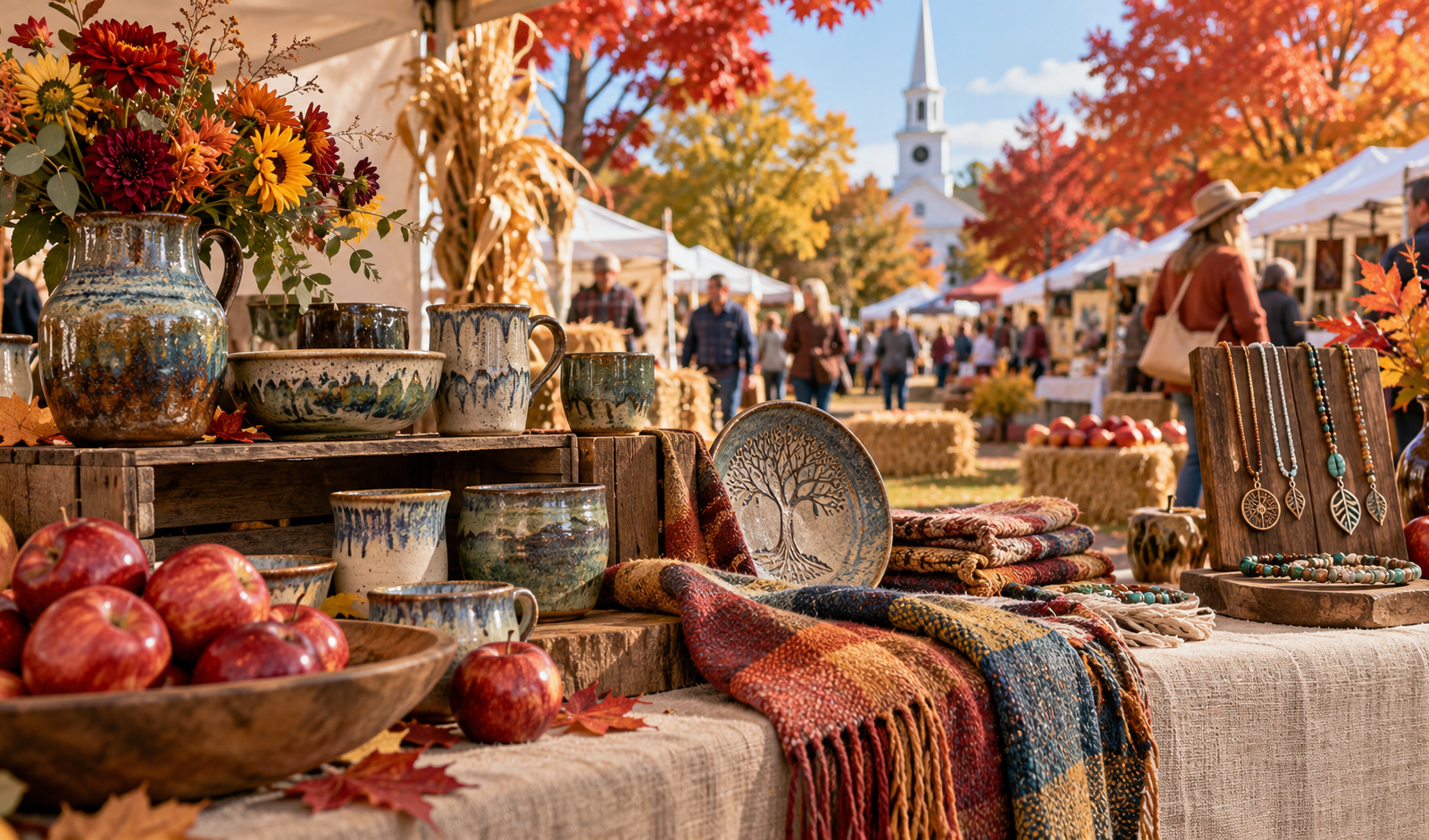 Conceptual New England autumn craft market with handmade pottery, textiles and apples.