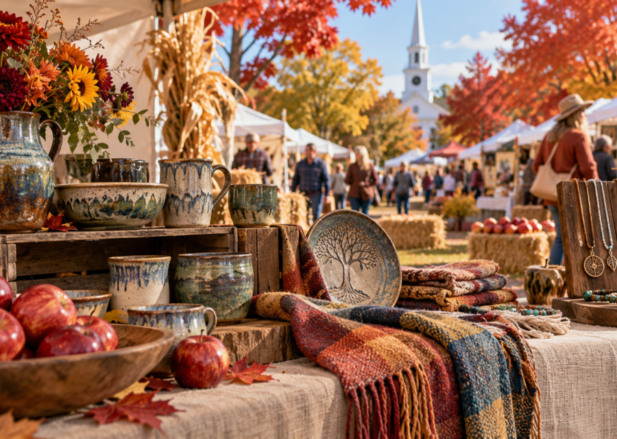 Conceptual New England autumn craft market with handmade pottery, textiles and apples.