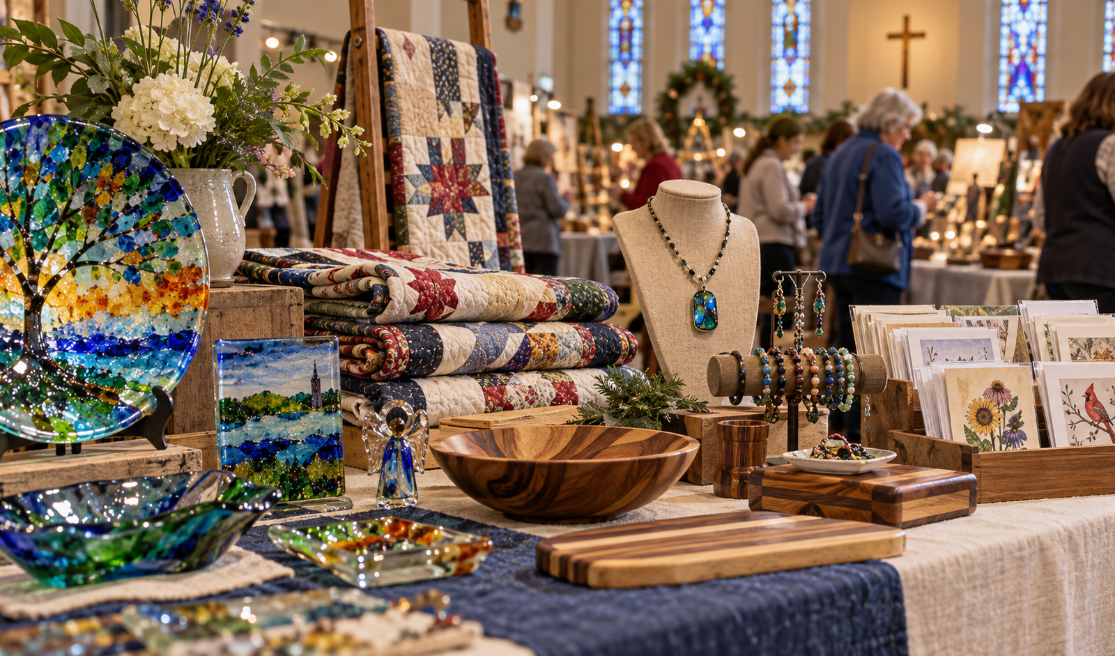 Conceptual Omaha indoor arts and crafts faire with fused glass, quilts and handmade jewelry.