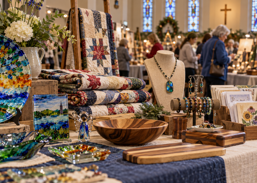 Conceptual Omaha indoor arts and crafts faire with fused glass, quilts and handmade jewelry.