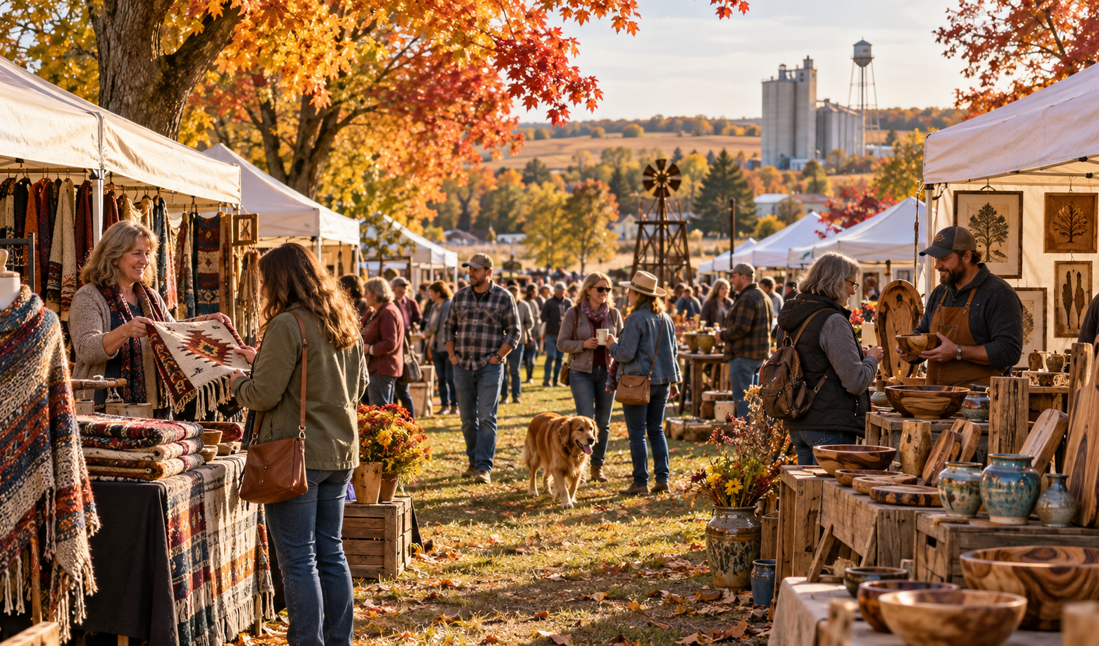 Conceptual Kansas arts and crafts festival at autumn fairgrounds with handmade pottery and textiles