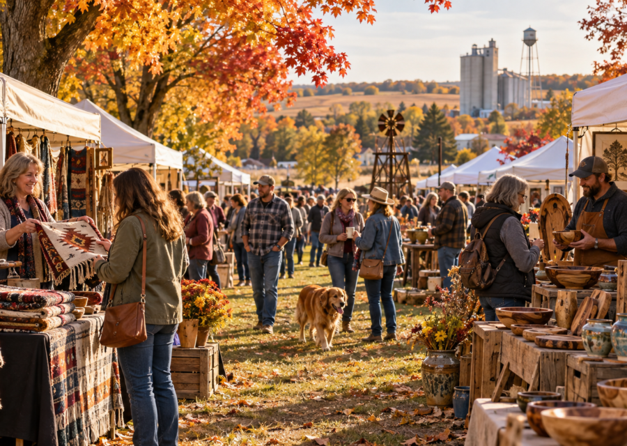 Conceptual Kansas arts and crafts festival at autumn fairgrounds with handmade pottery and textiles