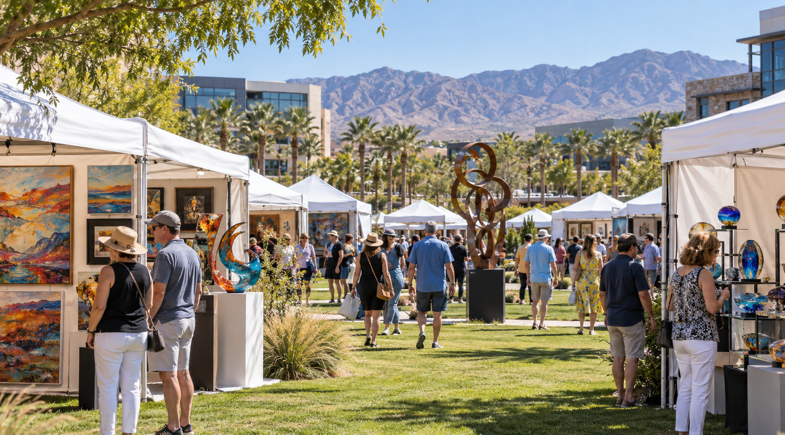 Conceptual view of visitors exploring fine art booths on a lawn with the Las Vegas area mountains beyond.