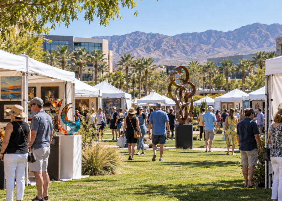 Conceptual view of visitors exploring fine art booths on a lawn with the Las Vegas area mountains beyond.