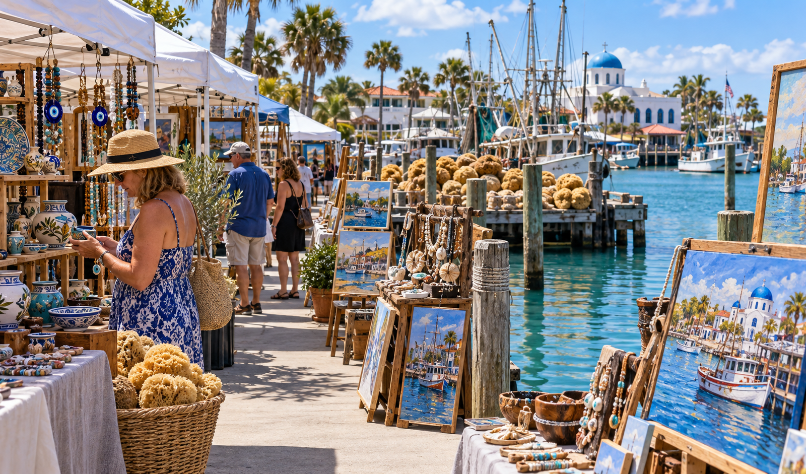 Conceptual Tarpon Springs waterfront craft art festival with artist booths, pottery and boats